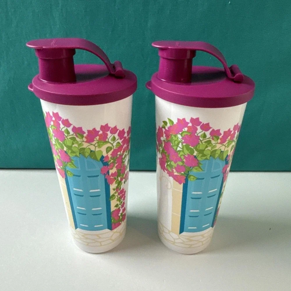 Tupperware 16oz Tumbler Flip Top Seal Smoothie Lid Flowers Door Porch Set Of 2